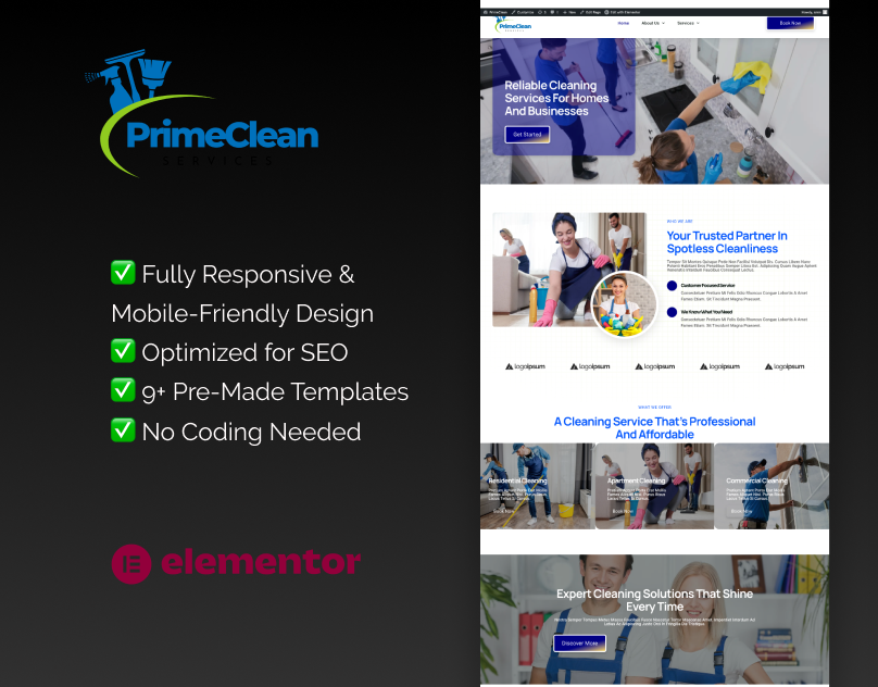 PrimeClean – Elementor Template Kit for Cleaning Services